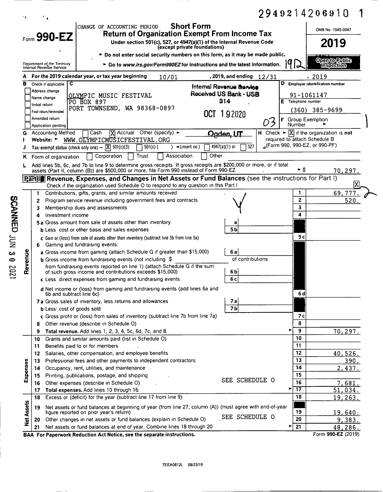 Image of first page of 2019 Form 990EZ for Olympic Music Festival