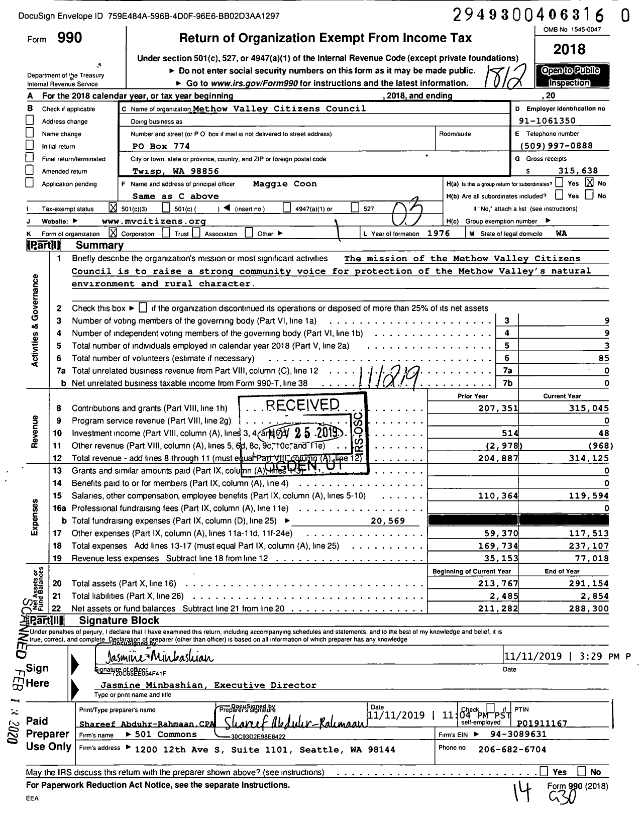 Image of first page of 2018 Form 990 for Methow Valley Citizens Council