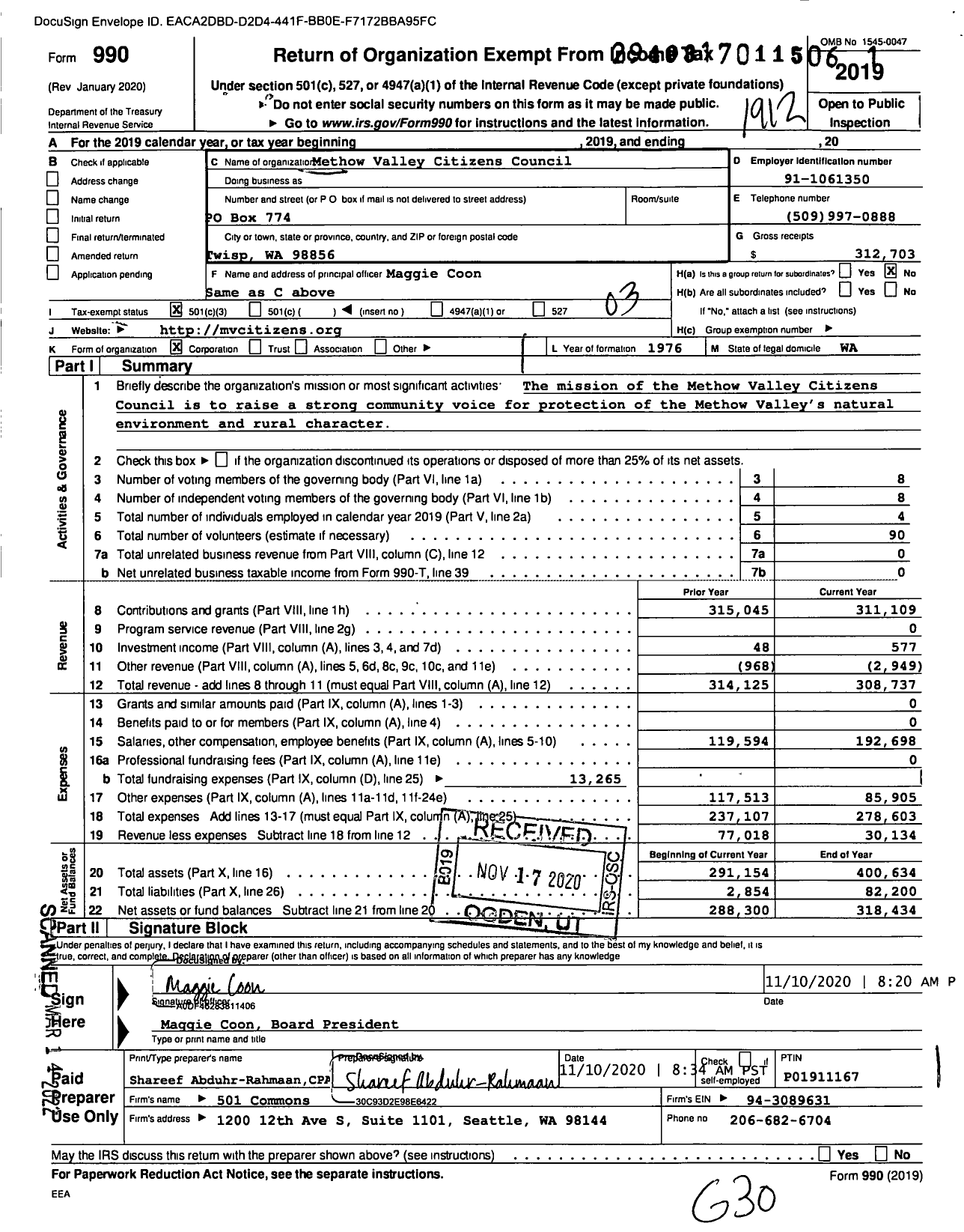 Image of first page of 2019 Form 990 for Methow Valley Citizens Council