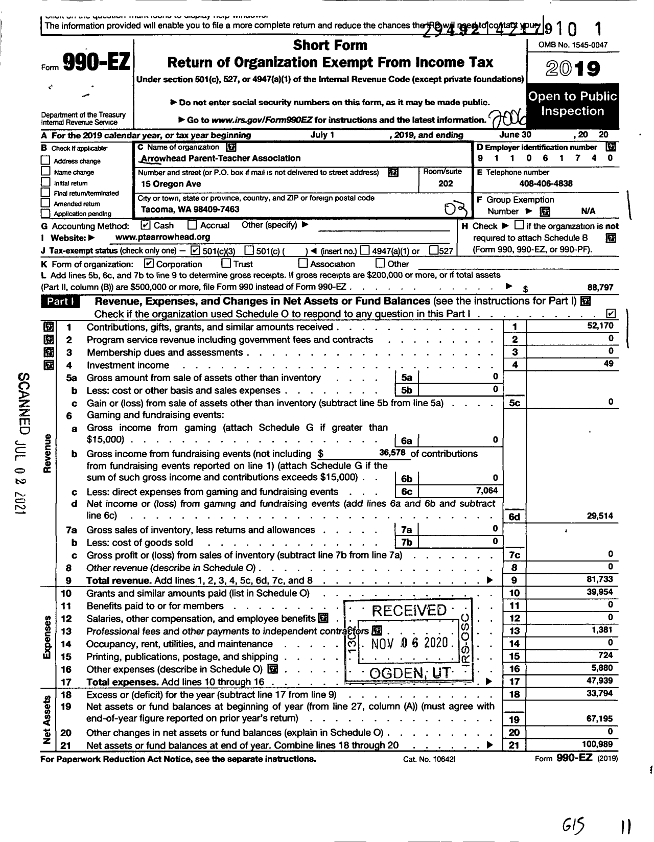 Image of first page of 2019 Form 990EZ for Arrowhead Parent-Teacher Association