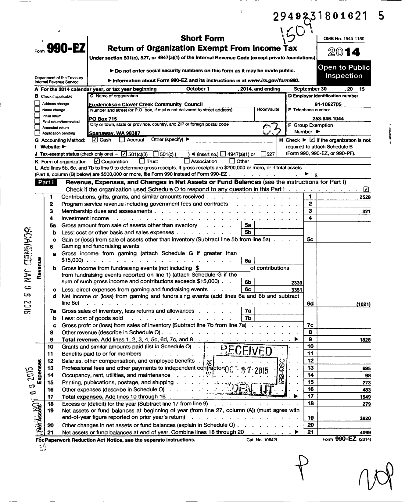 Image of first page of 2014 Form 990EZ for Frederickson Clover Creek Community Council