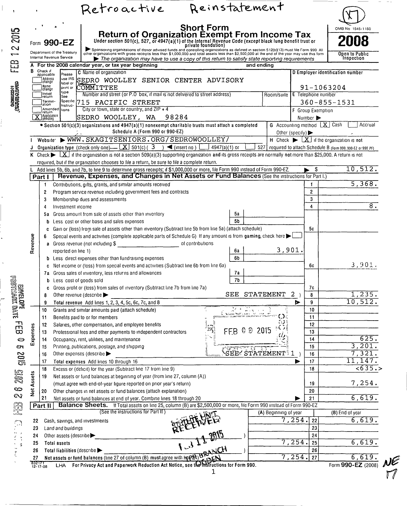 Image of first page of 2008 Form 990EZ for Sedro Woolley Senior Center Advisory Committee