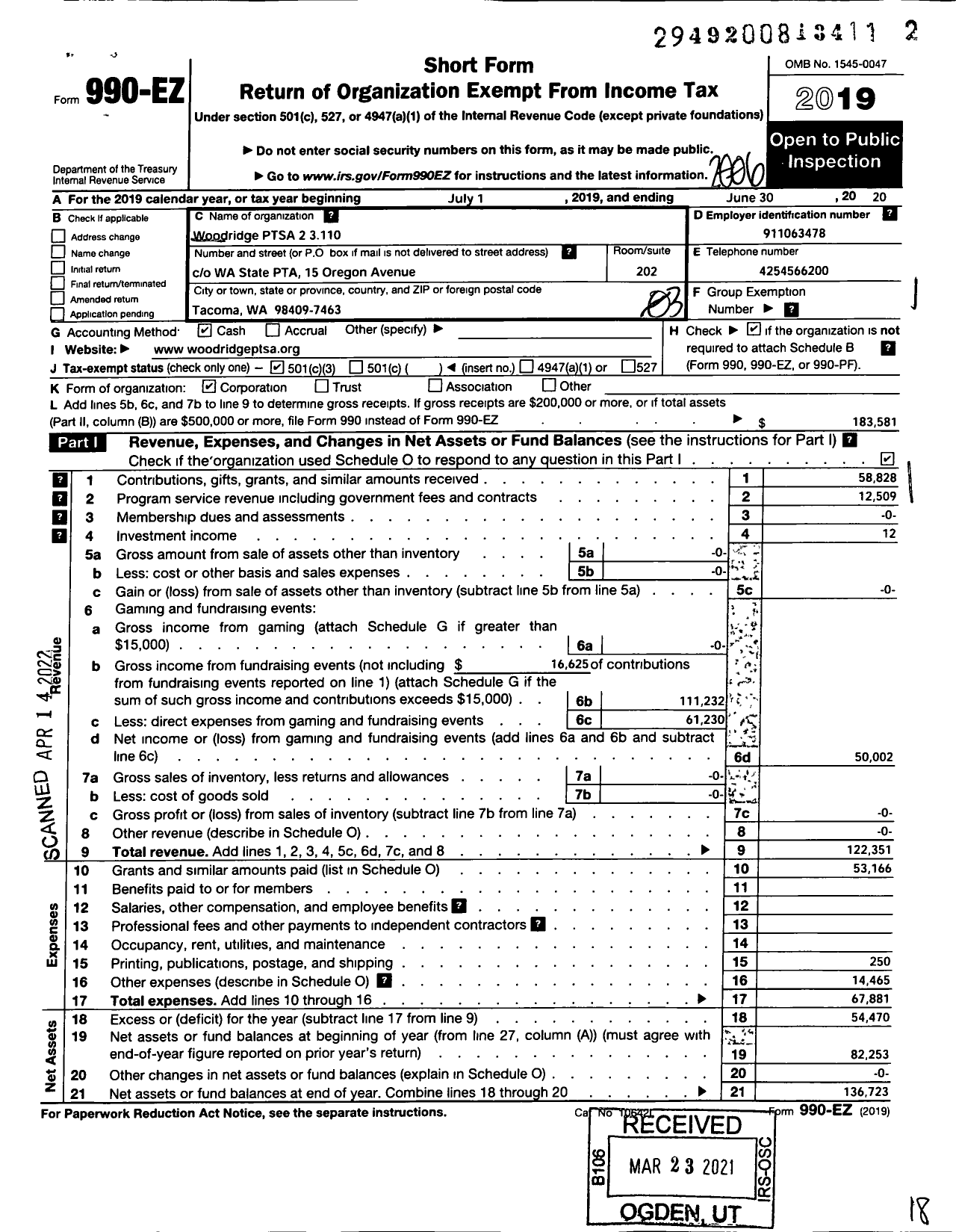 Image of first page of 2019 Form 990EZ for Woodridge Ptsa 23110
