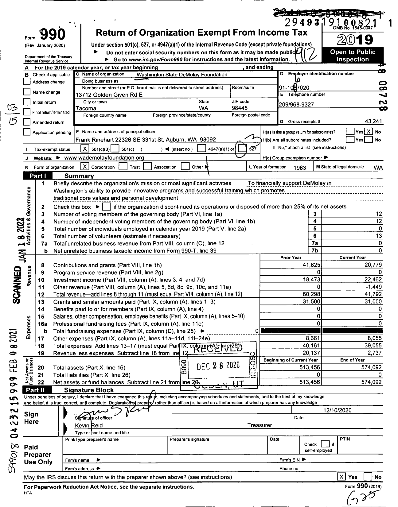 Image of first page of 2019 Form 990 for Washington State Demolay Foundation