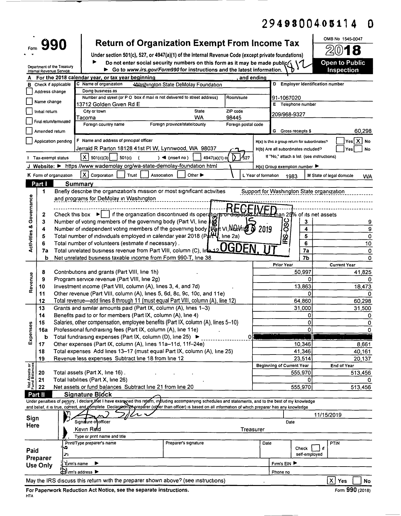 Image of first page of 2018 Form 990 for Washington State Demolay Foundation