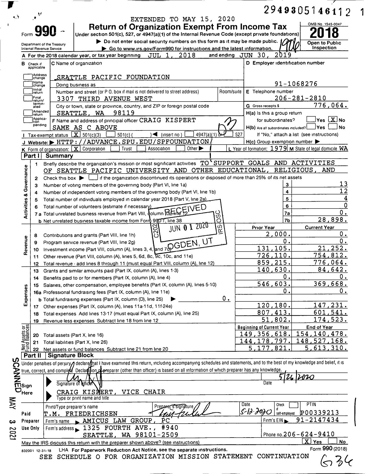 Image of first page of 2018 Form 990 for Seattle Pacific Foundation