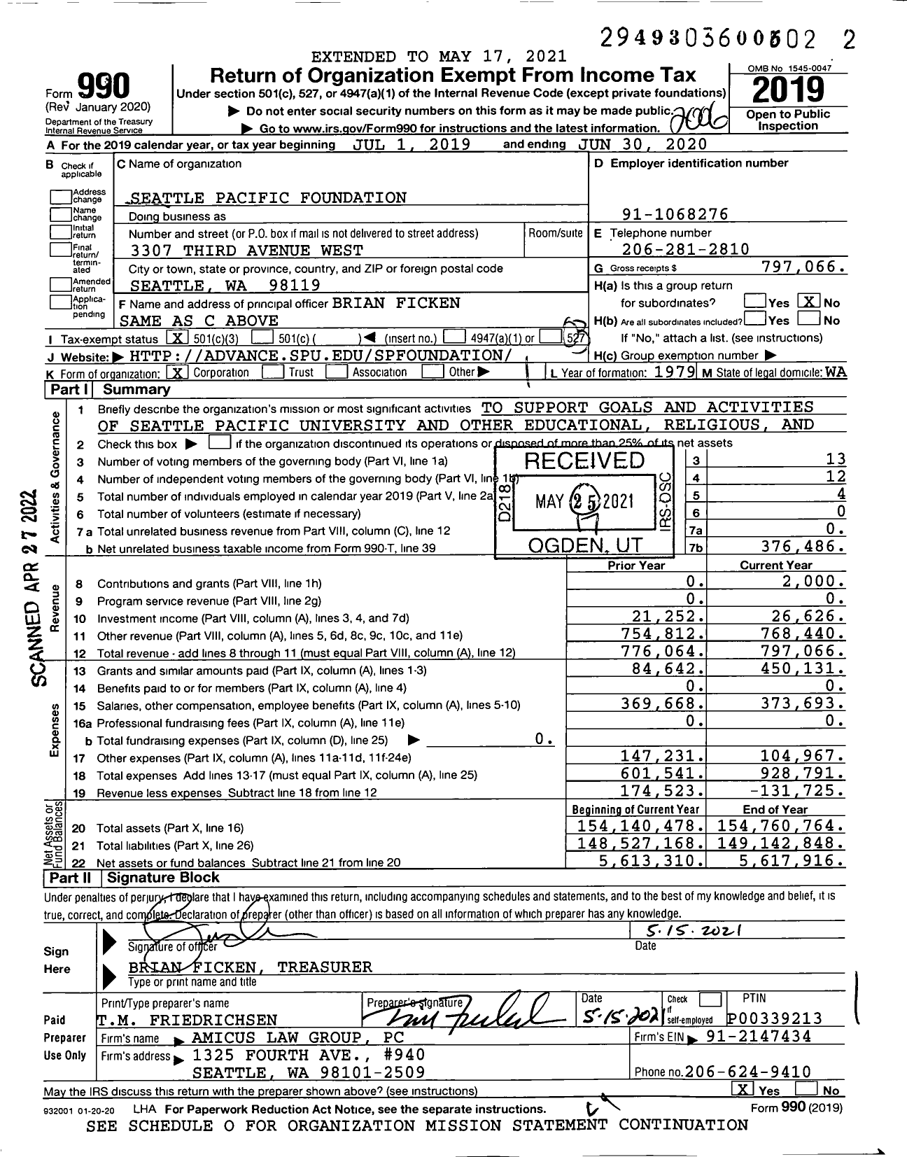Image of first page of 2019 Form 990 for Seattle Pacific Foundation