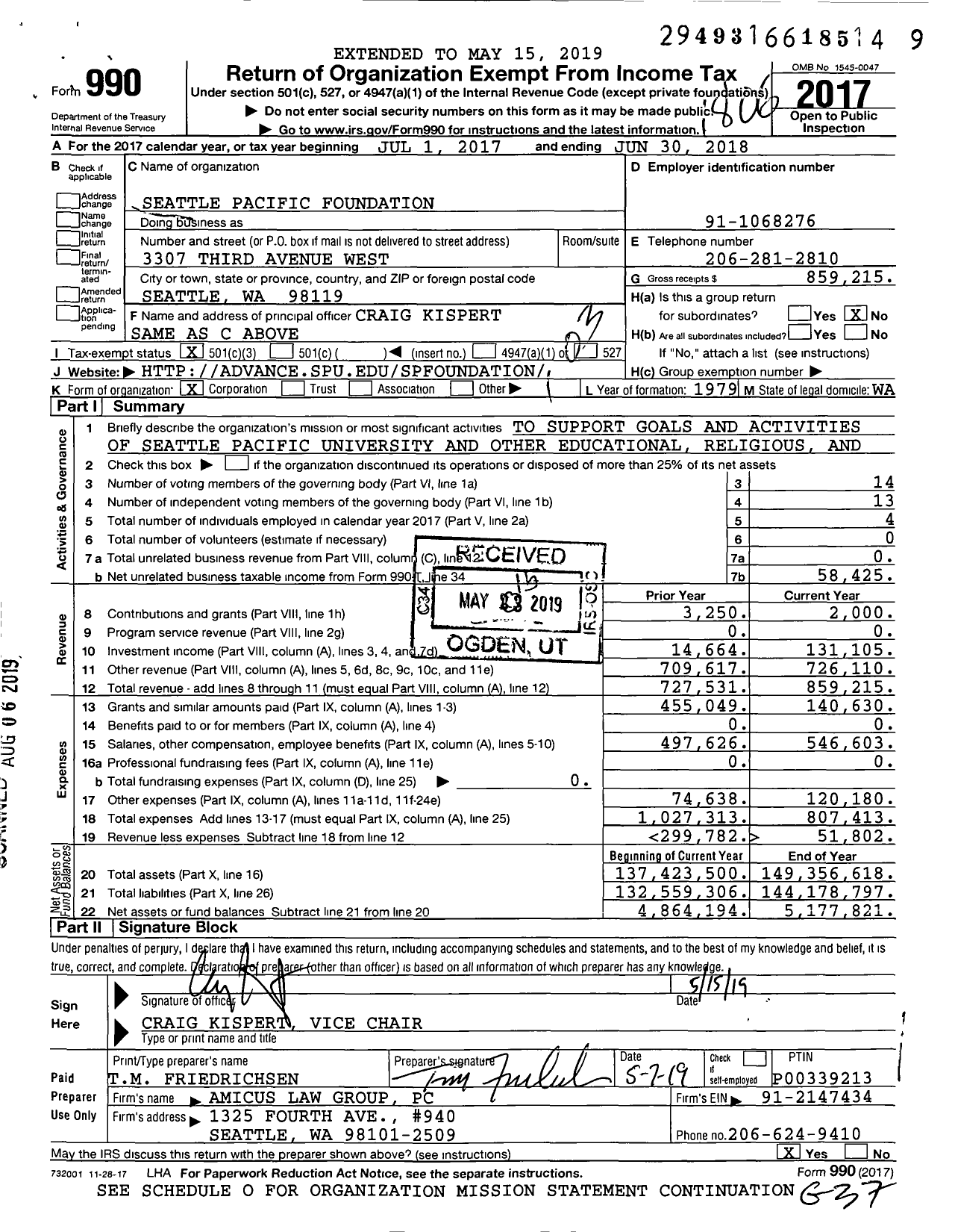 Image of first page of 2017 Form 990 for Seattle Pacific Foundation