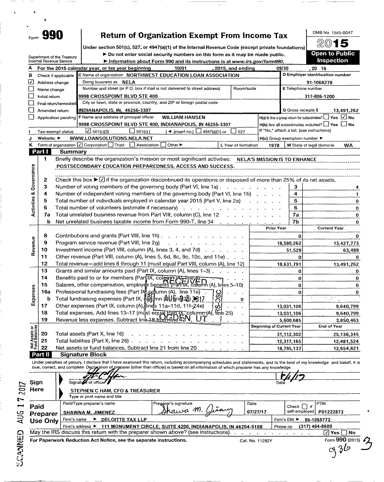 Image of first page of 2015 Form 990 for Northwest Education Loan Association (NELA)