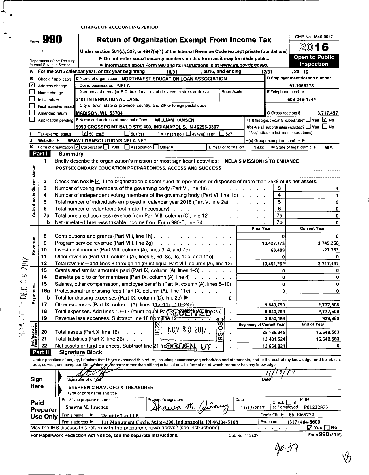 Image of first page of 2016 Form 990 for Northwest Education Loan Association (NELA)