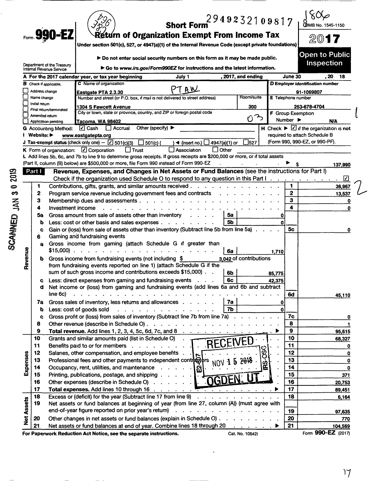 Image of first page of 2017 Form 990EZ for Eastgate PTA