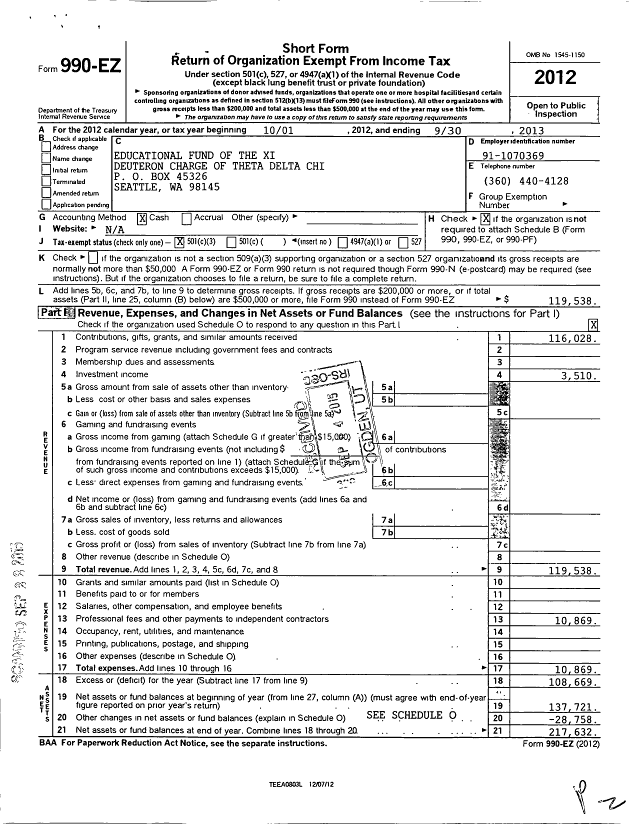 Image of first page of 2012 Form 990EZ for Educational Fund of the Xi Deuteron Charge of Theta Delta Chi