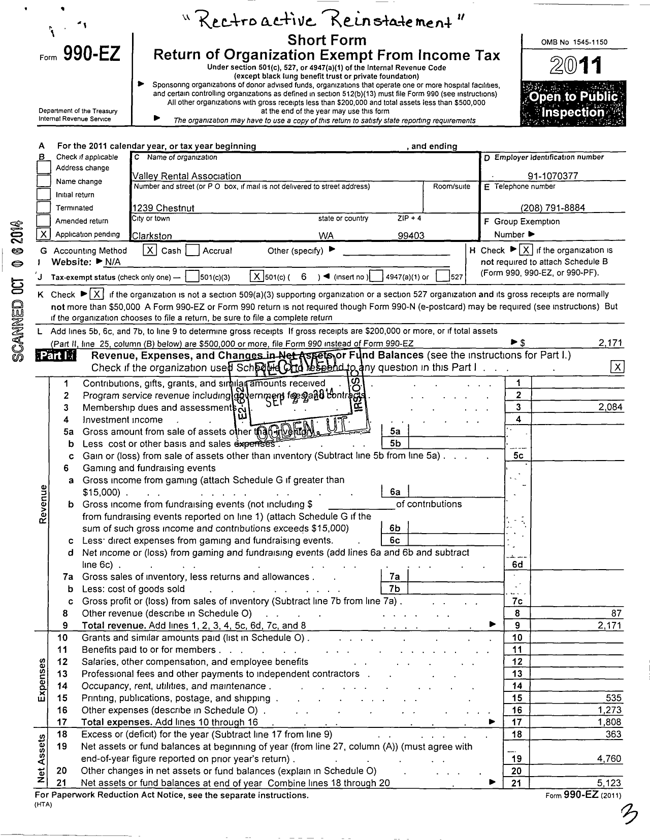 Image of first page of 2011 Form 990EO for Valley Rental Association