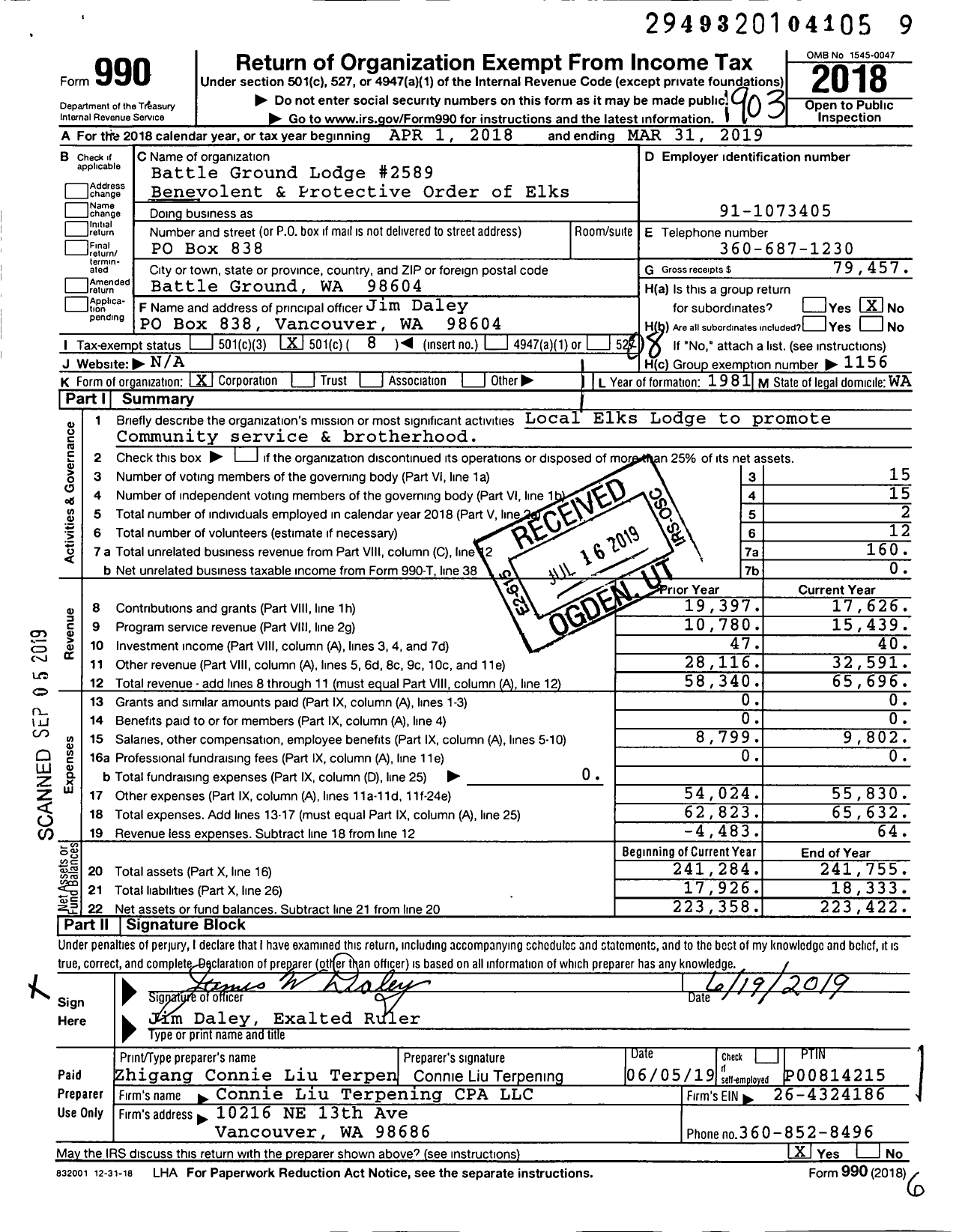 Image of first page of 2018 Form 990O for Benevolent and Protective Order of Elks - 2589 Battle Ground