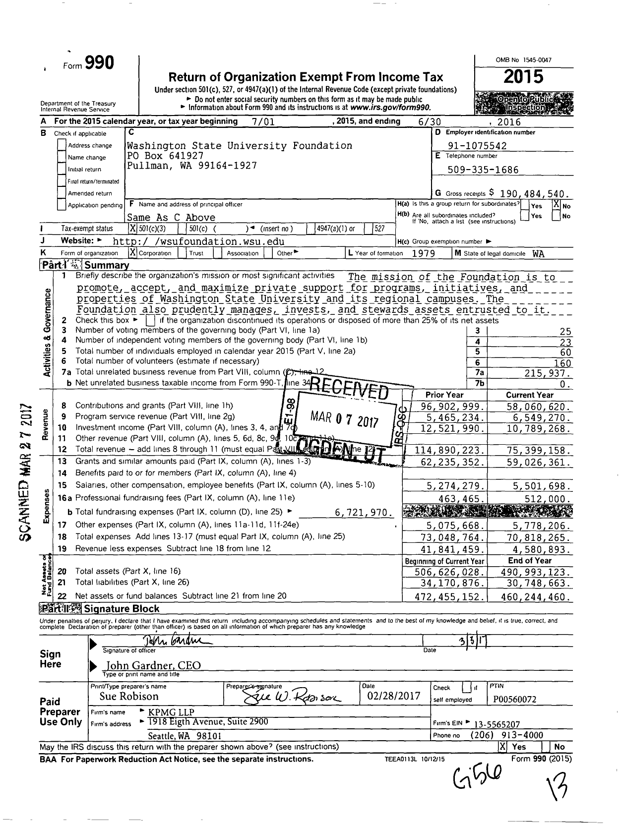Image of first page of 2015 Form 990 for Washington State University Foundation (WSU)