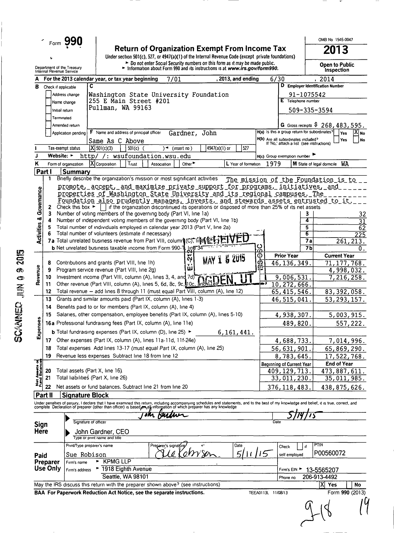 Image of first page of 2013 Form 990 for Washington State University Foundation (WSU)