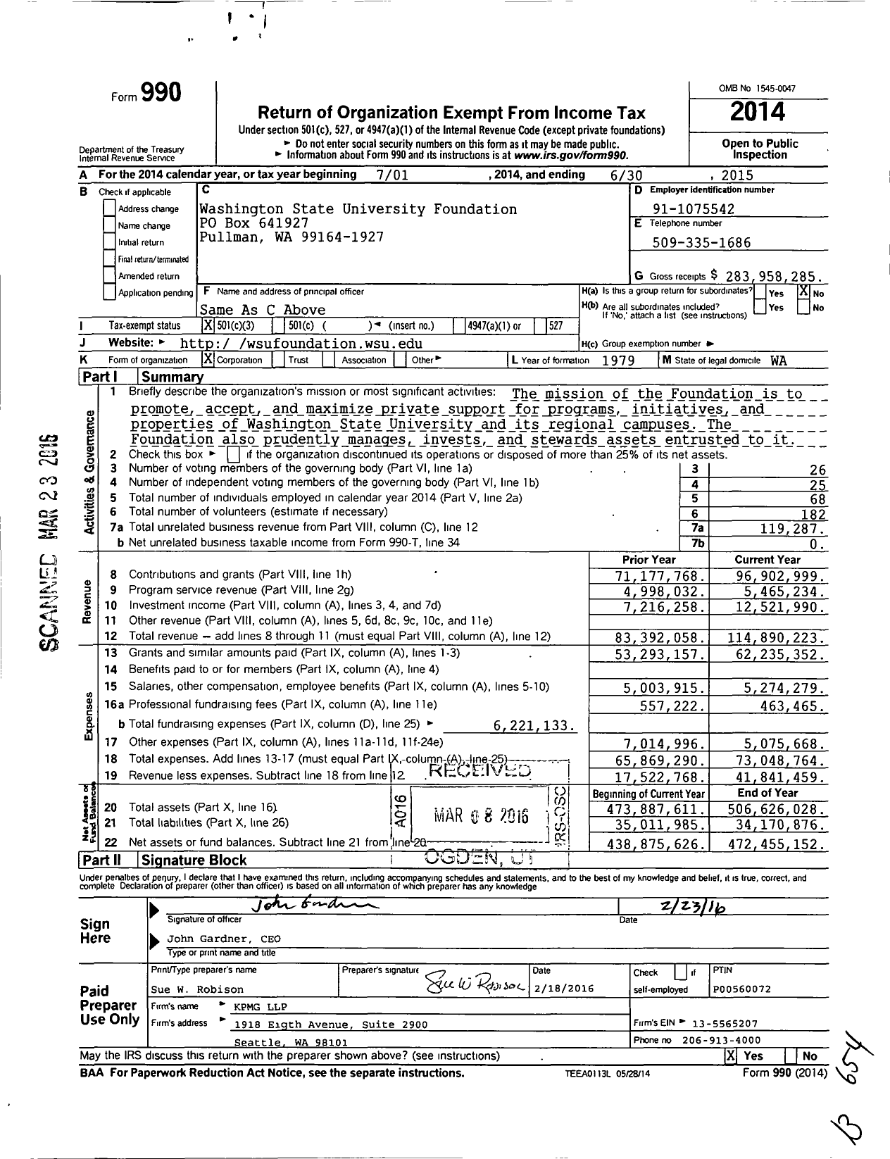 Image of first page of 2014 Form 990 for Washington State University Foundation (WSU)