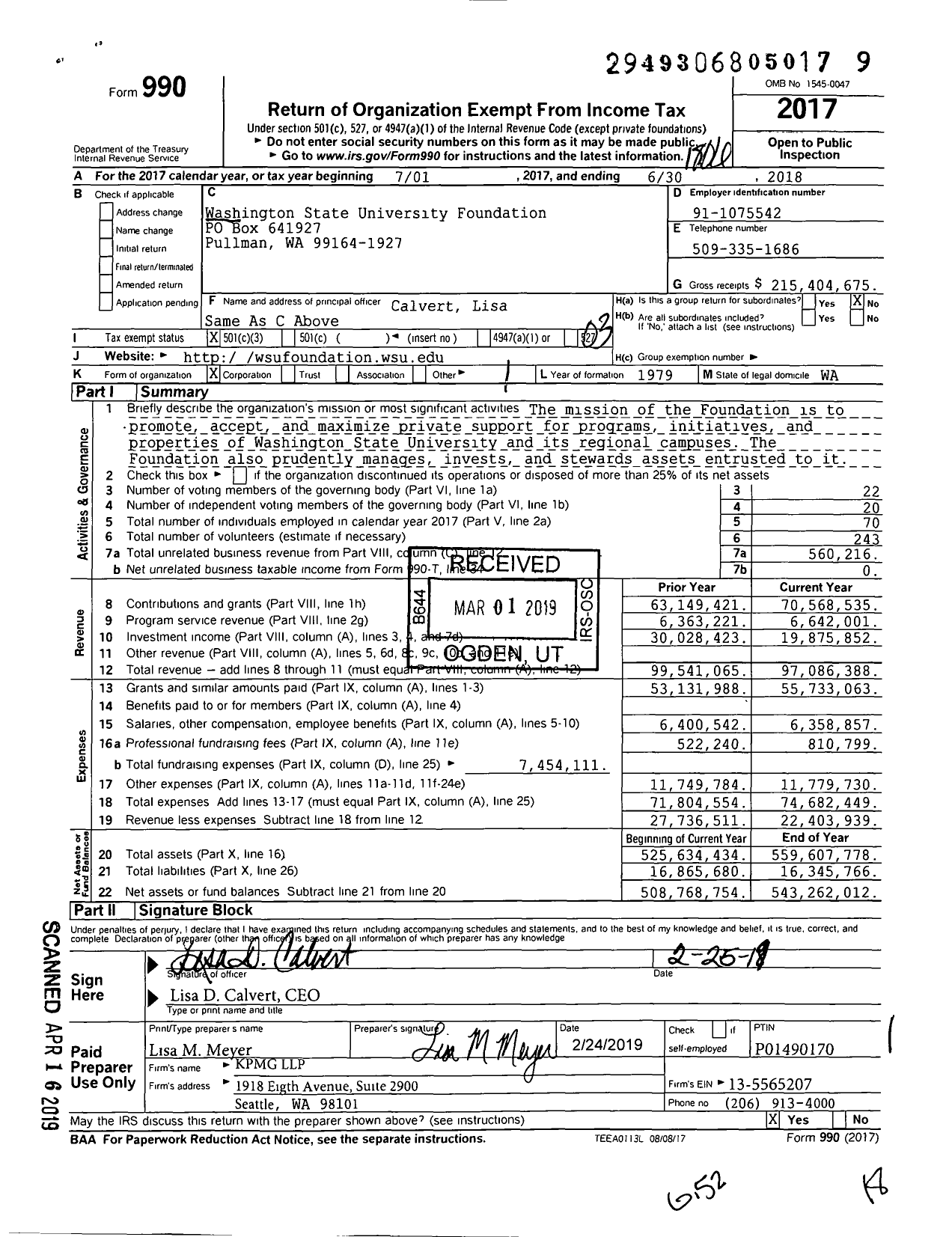 Image of first page of 2017 Form 990 for Washington State University Foundation (WSU)