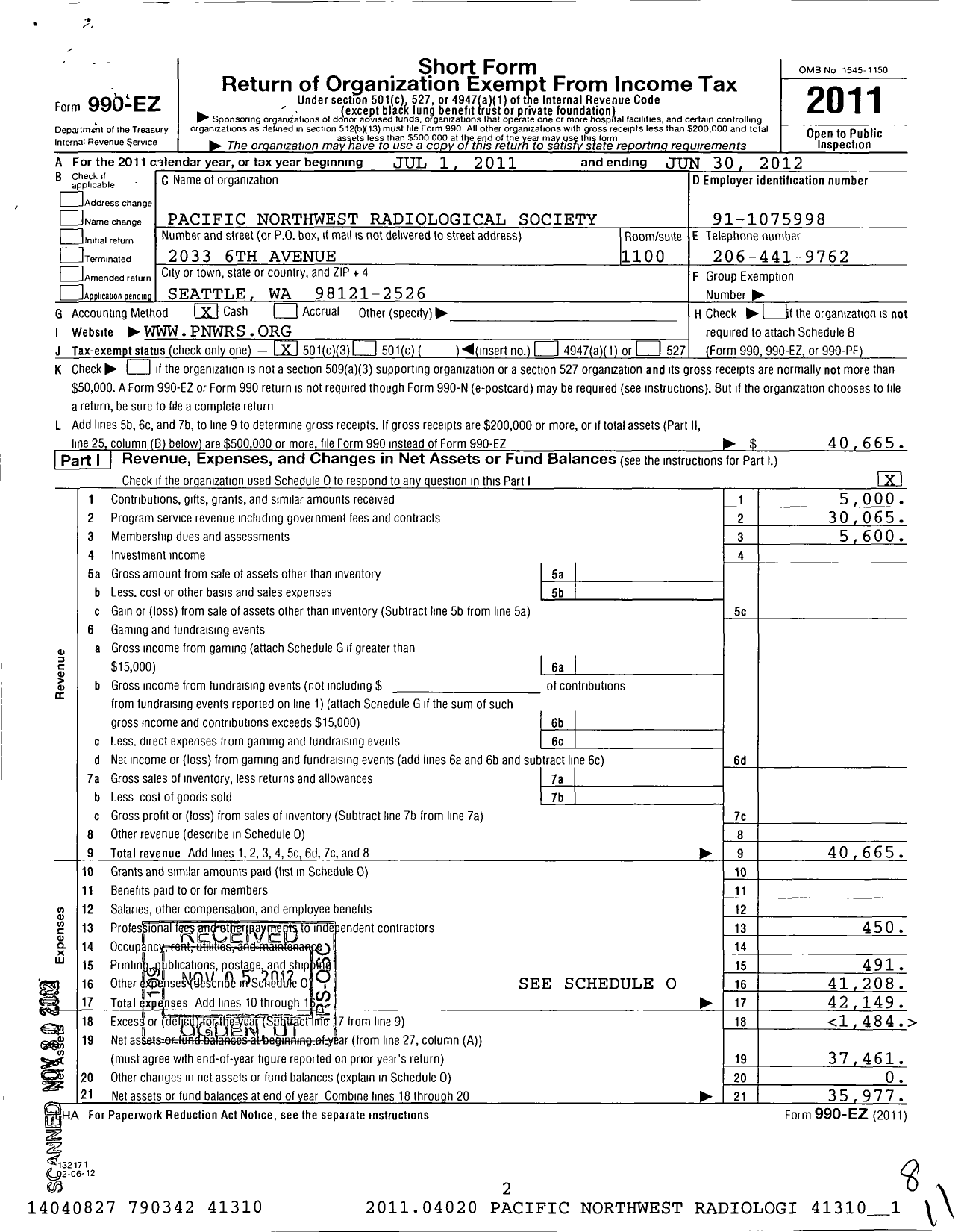 Image of first page of 2011 Form 990EZ for Pacific Northwest Radiological Society