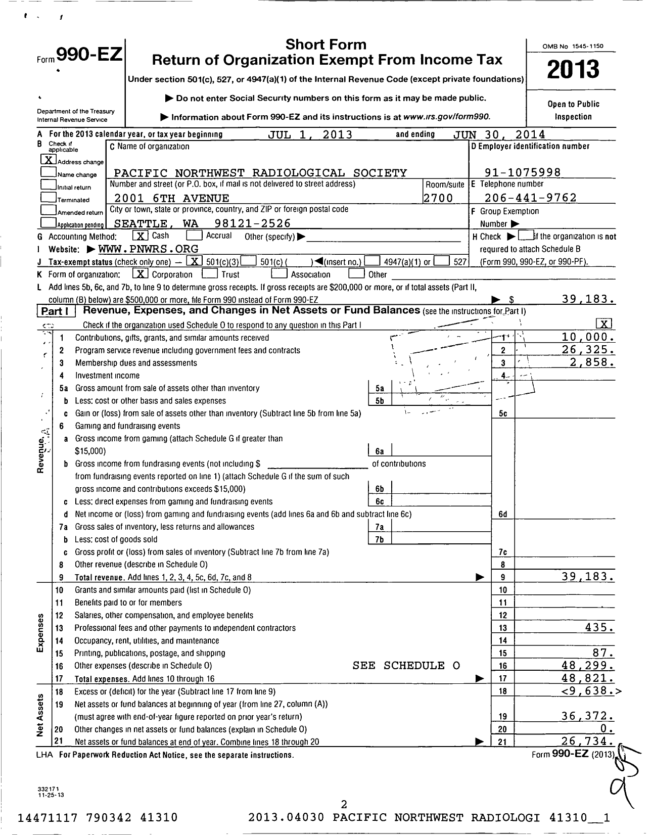 Image of first page of 2013 Form 990EZ for Pacific Northwest Radiological Society