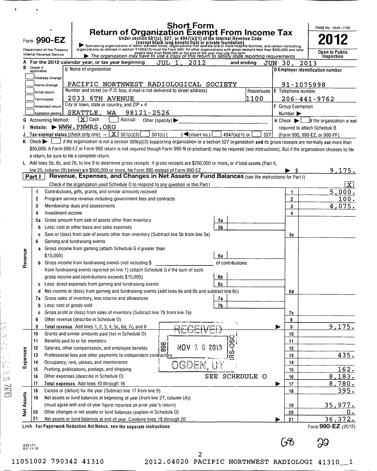 Image of first page of 2012 Form 990EZ for Pacific Northwest Radiological Society