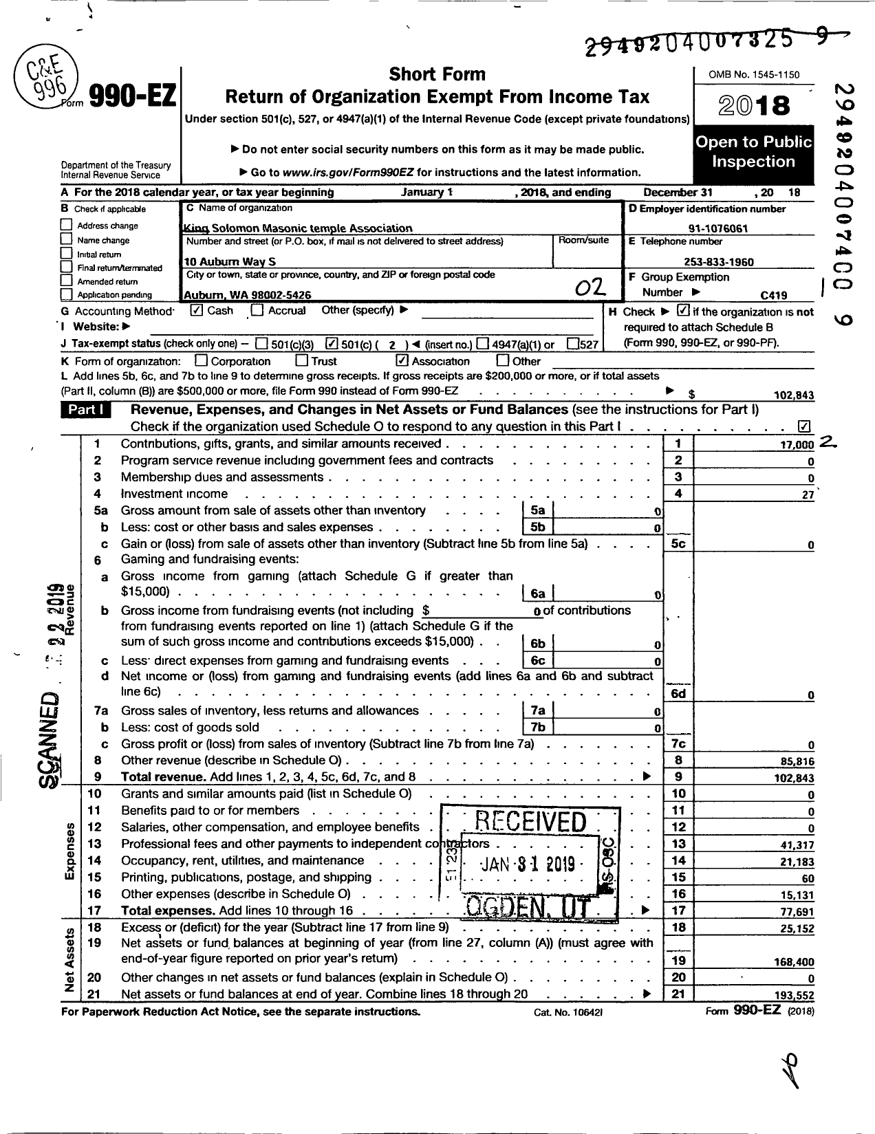 Image of first page of 2018 Form 990EO for King Solomon Masonic Temple Association