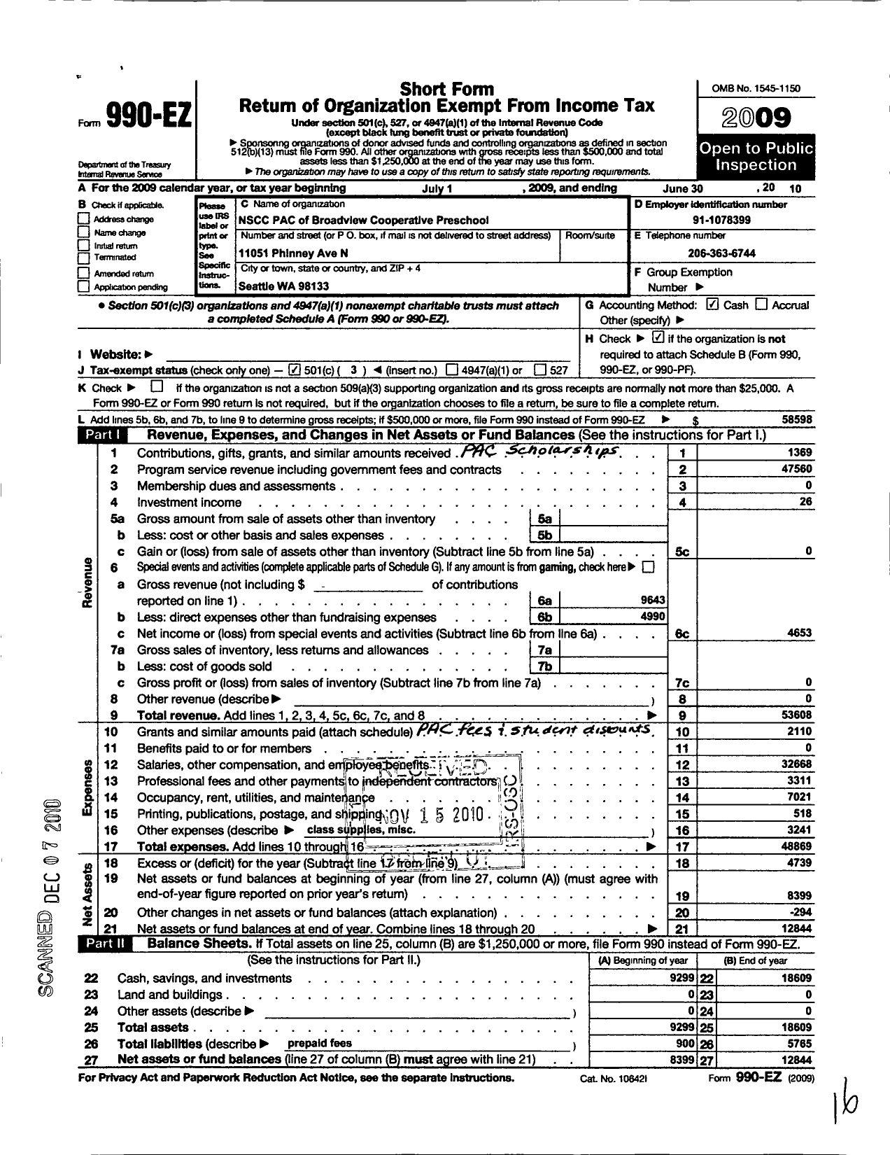 Image of first page of 2009 Form 990EZ for NSCC Parent Advisory Council of Parent Cooperative Preschools / Broadview Cooperative Preschools