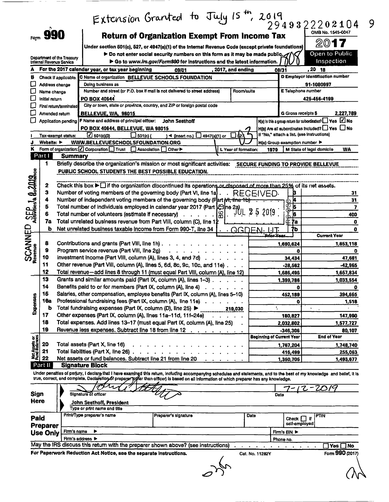 Image of first page of 2017 Form 990 for Bellevue Schools Foundation