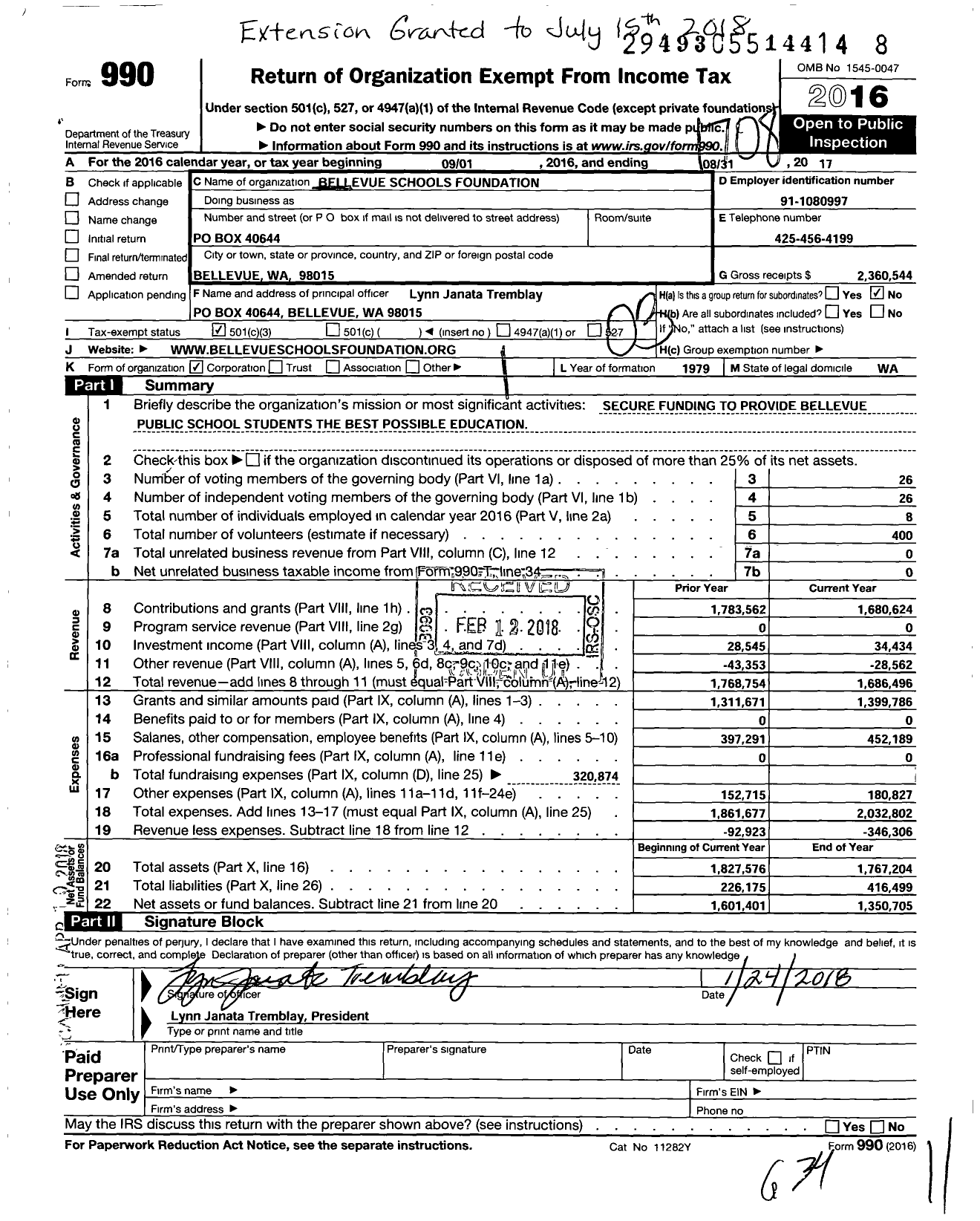 Image of first page of 2016 Form 990 for Bellevue Schools Foundation