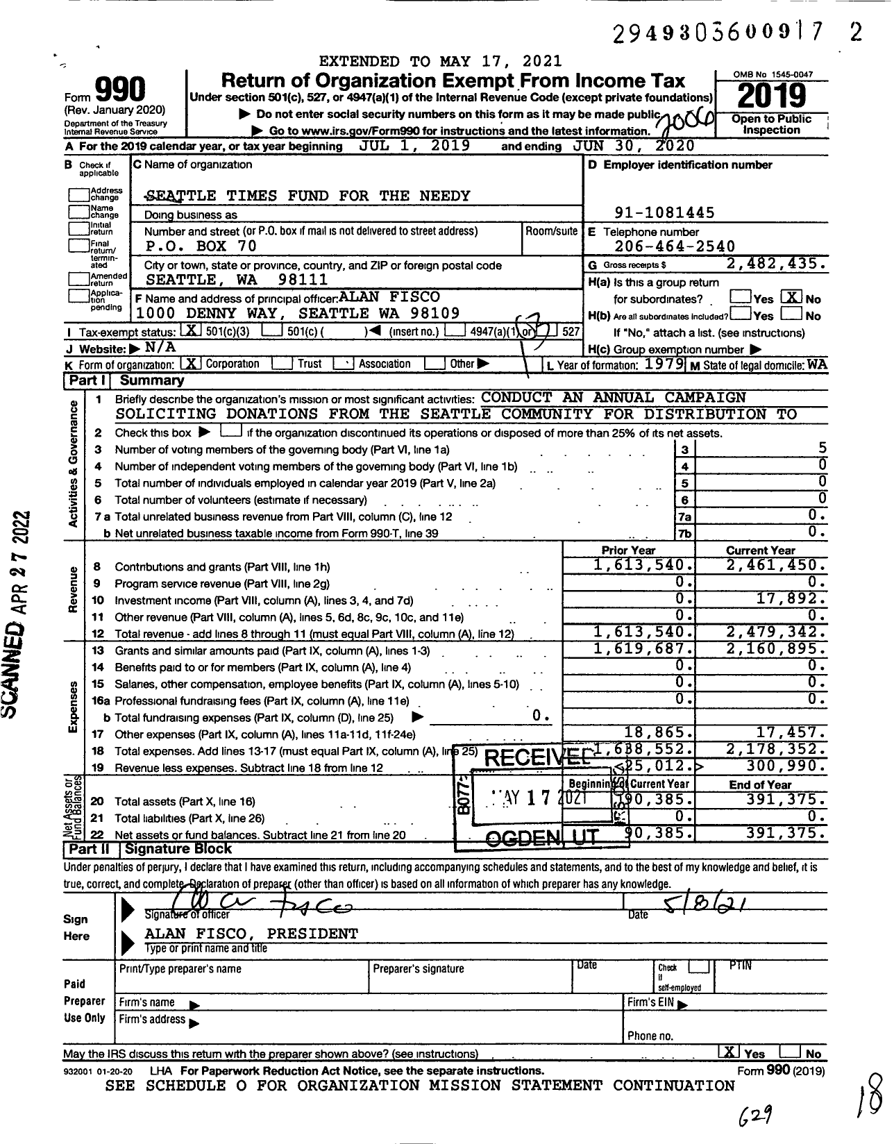Image of first page of 2019 Form 990 for Seattle Times Fund for the Needy
