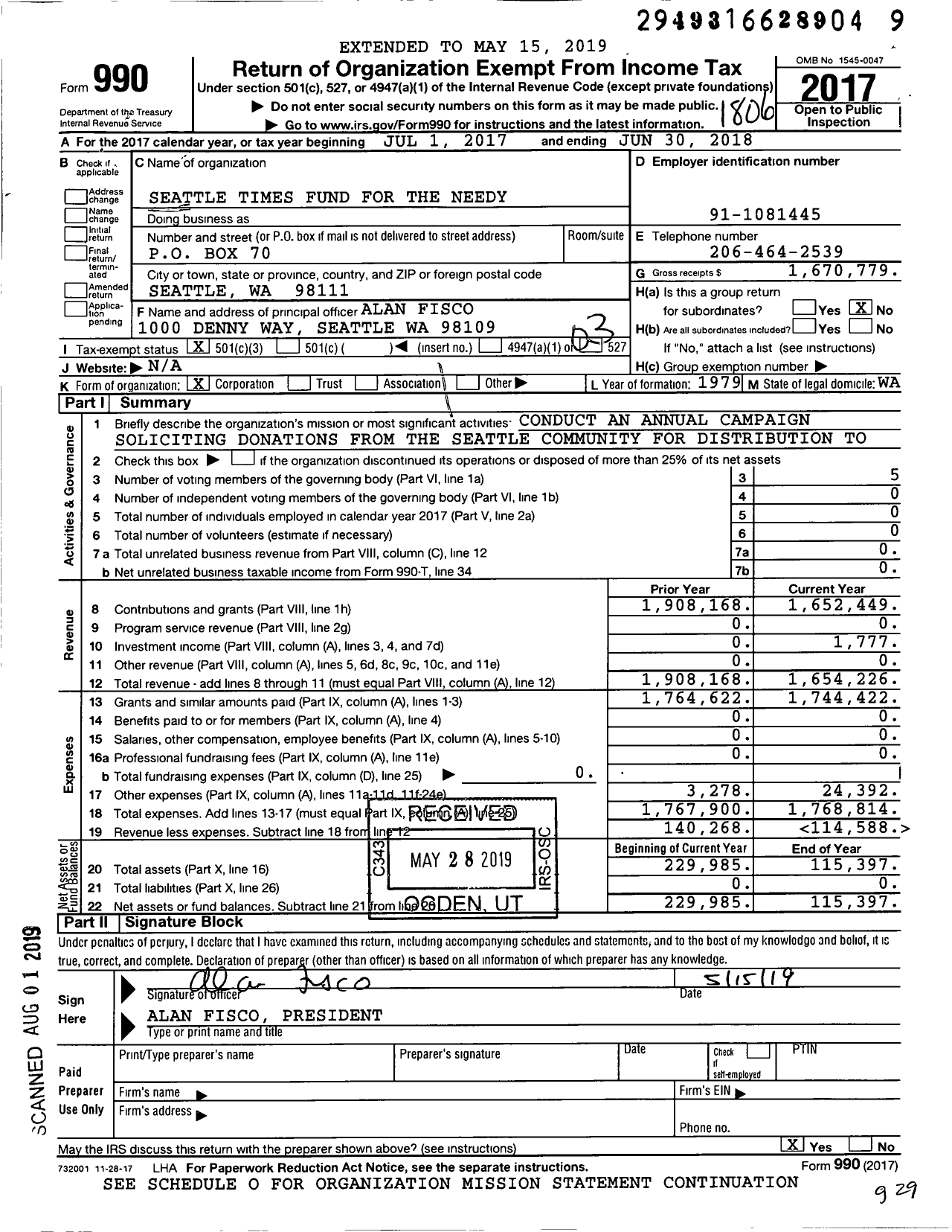 Image of first page of 2017 Form 990 for Seattle Times Fund for the Needy