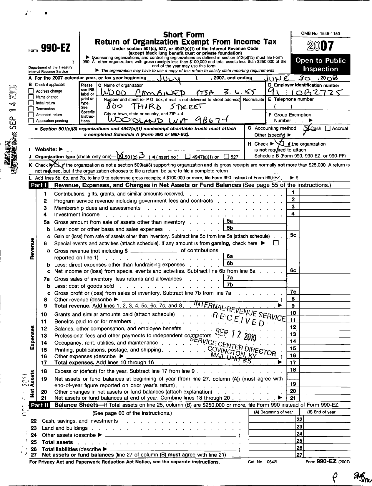 Image of first page of 2007 Form 990EZ for Wood Combined Ptsa 3 6 55