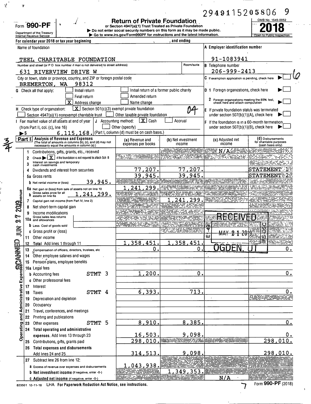 Image of first page of 2018 Form 990PF for Teel Charitable Foundation
