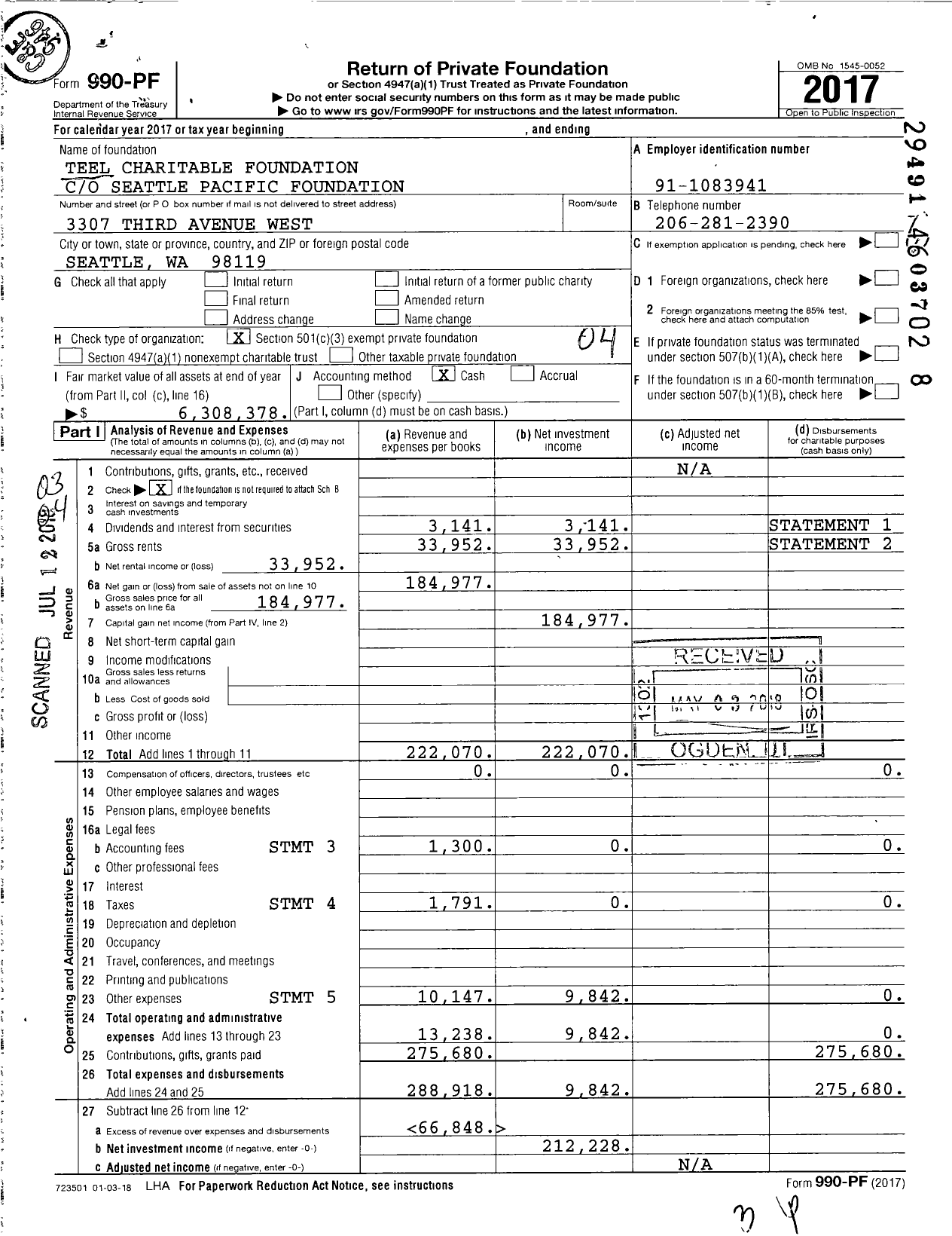 Image of first page of 2017 Form 990PF for Teel Charitable Foundation
