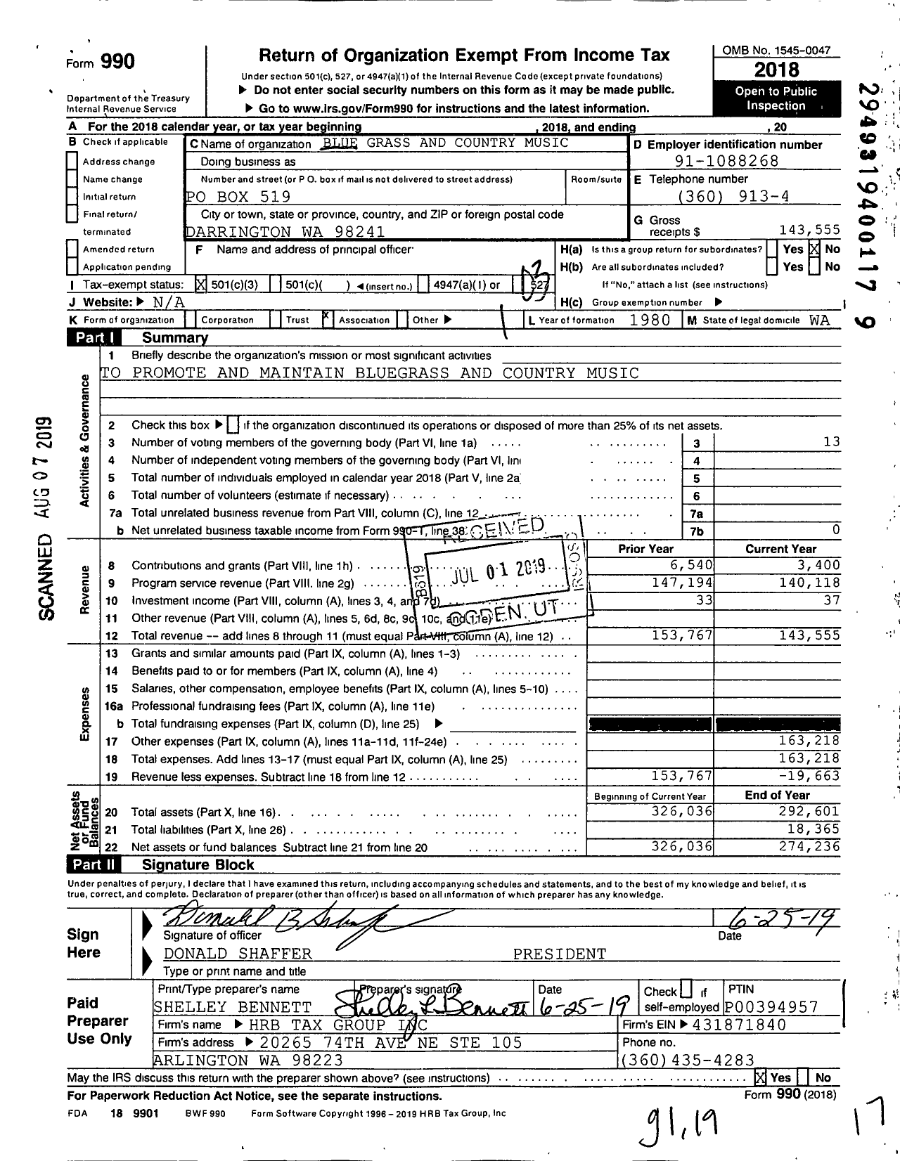 Image of first page of 2018 Form 990 for Blue Grass and Country Music