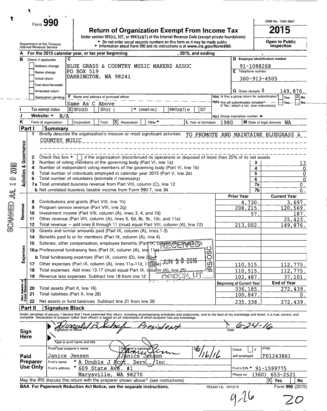 Image of first page of 2015 Form 990 for Blue Grass and Country Music