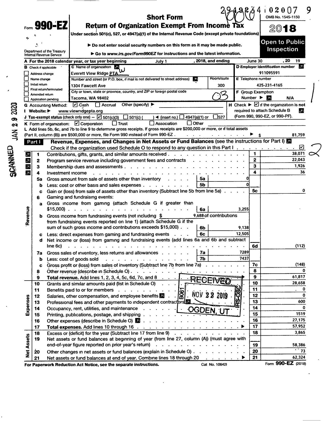 Image of first page of 2018 Form 990EZ for Everett View Ridge PTA