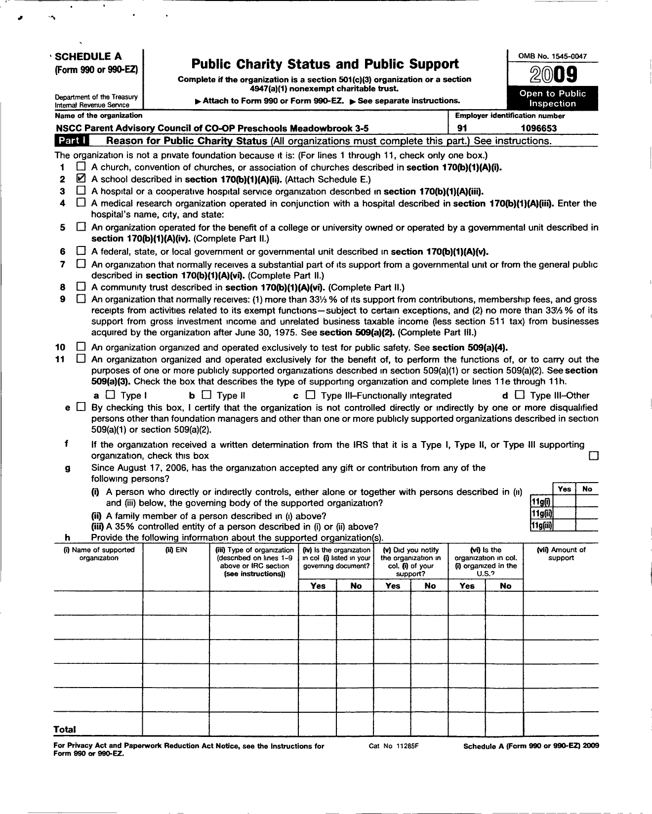 Image of first page of 2009 Form 990ER for NSCC PARENT ADVISORY COUNCIL OF PARENT COOPERATIVE PRESCHOOLS Meadowbrook COOPERATIVE PRESCHOOLS