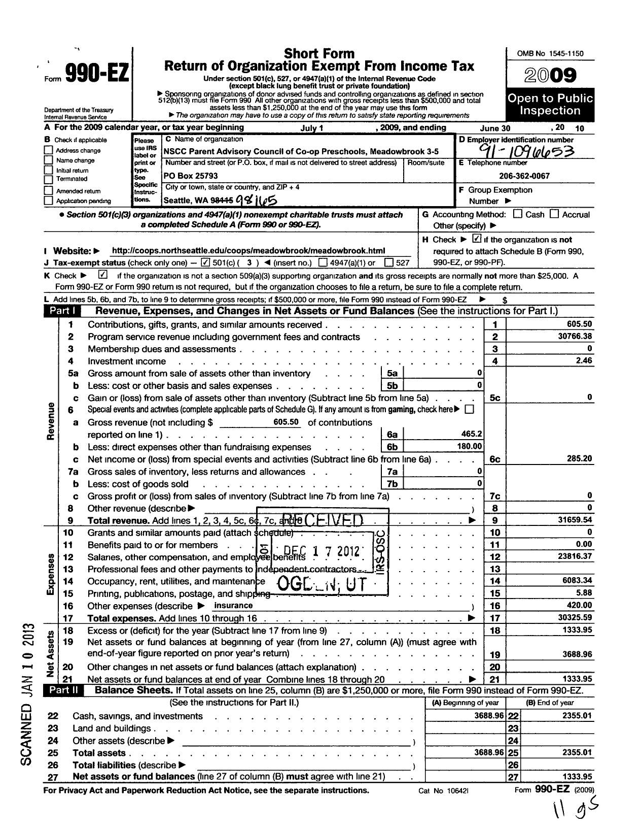 Image of first page of 2009 Form 990EZ for NSCC PARENT ADVISORY COUNCIL OF PARENT COOPERATIVE PRESCHOOLS Meadowbrook COOPERATIVE PRESCHOOLS