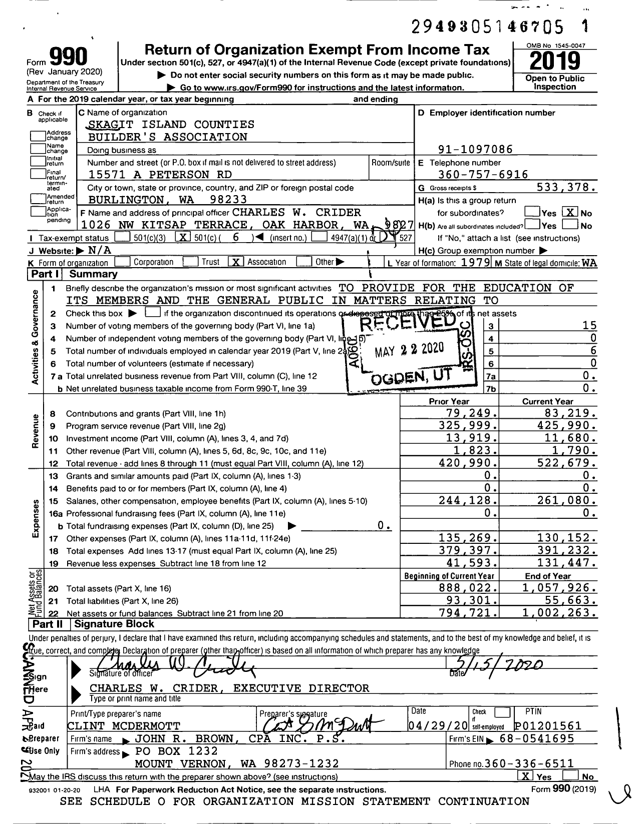 Image of first page of 2019 Form 990O for Skagit Island Counties Builder's Association