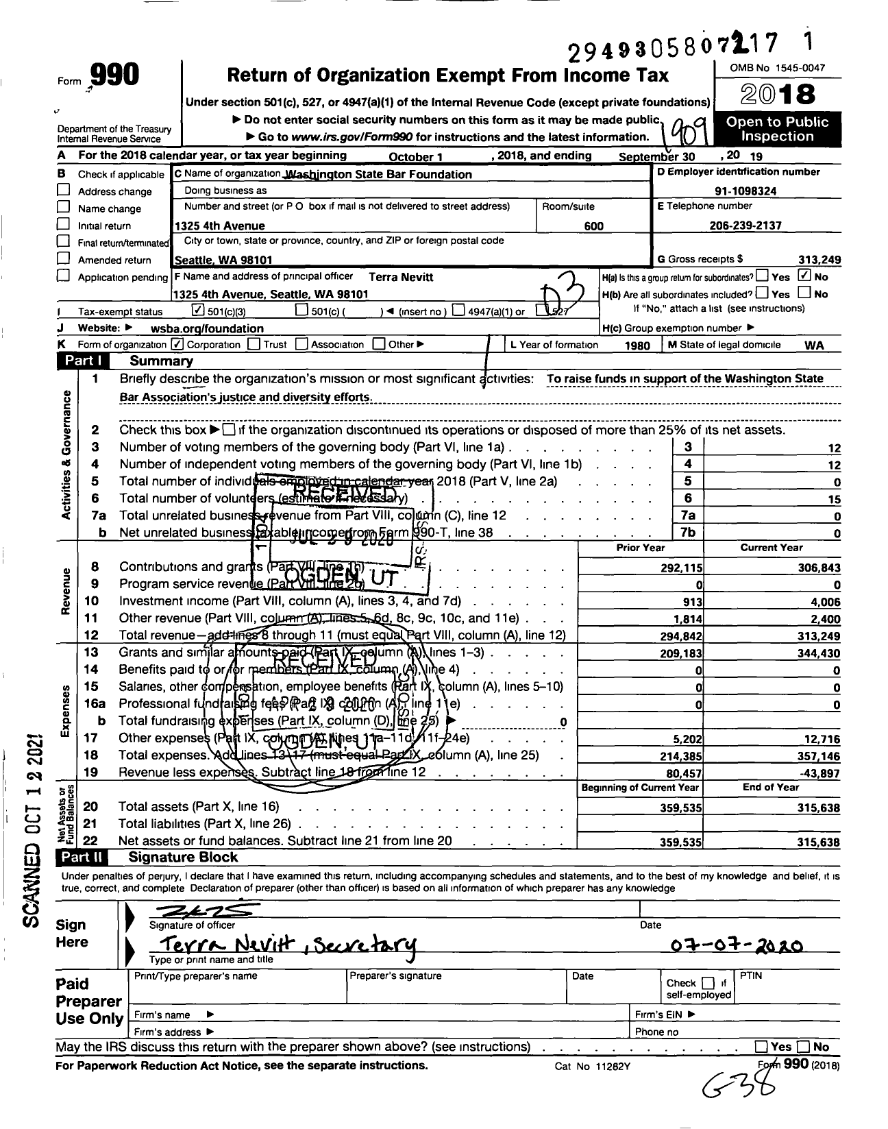 Image of first page of 2018 Form 990 for Washington State Bar Foundation