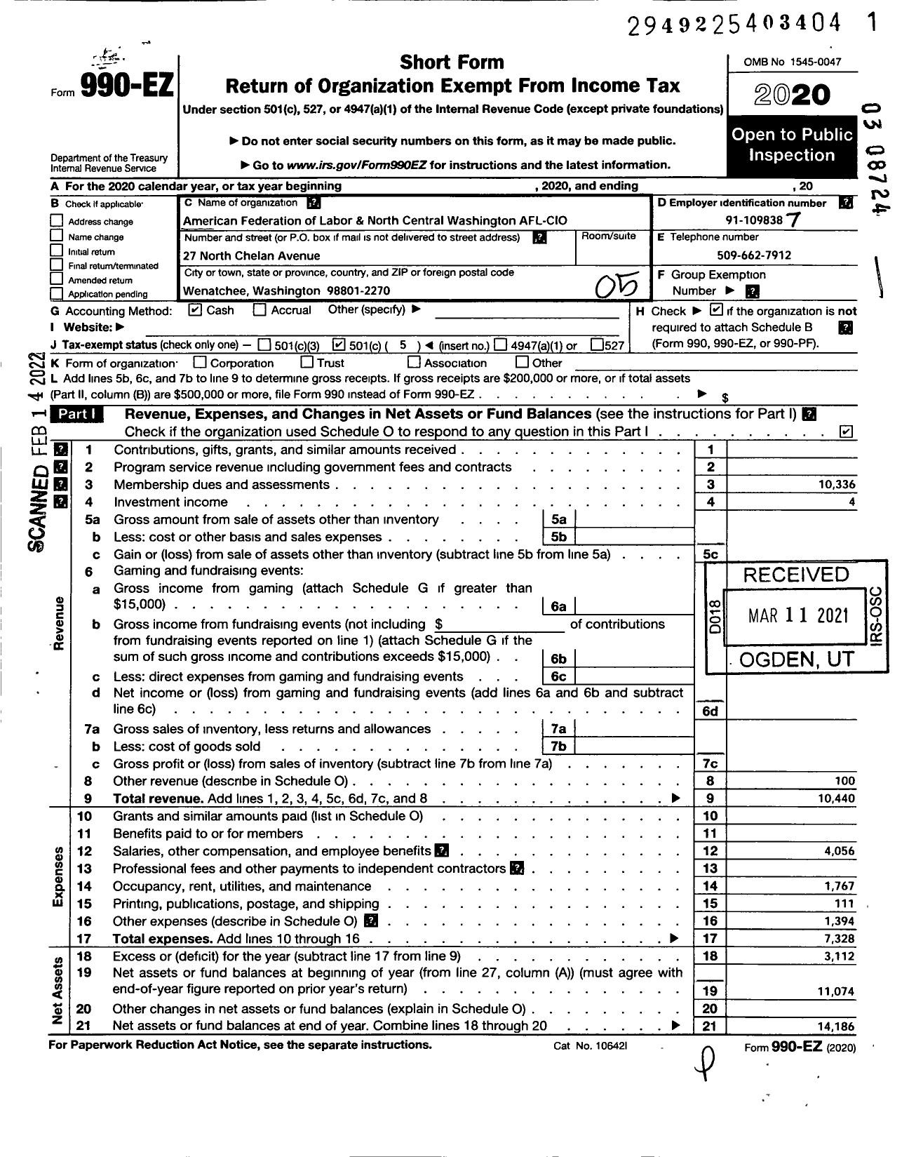 Image of first page of 2020 Form 990EO for AFL-CIO - North Central Washington AFL-CIO