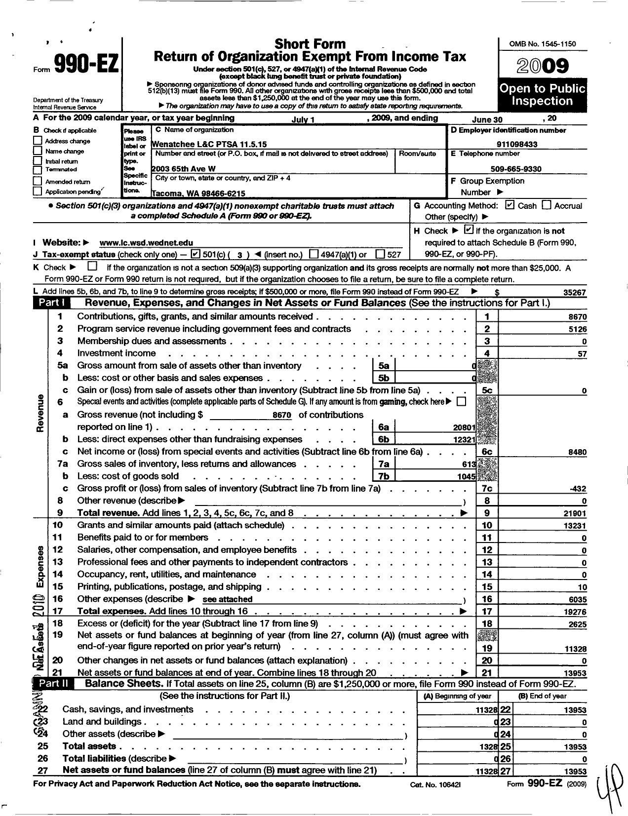 Image of first page of 2008 Form 990EZ for Wenatchee Lewis and Clark Ptsa