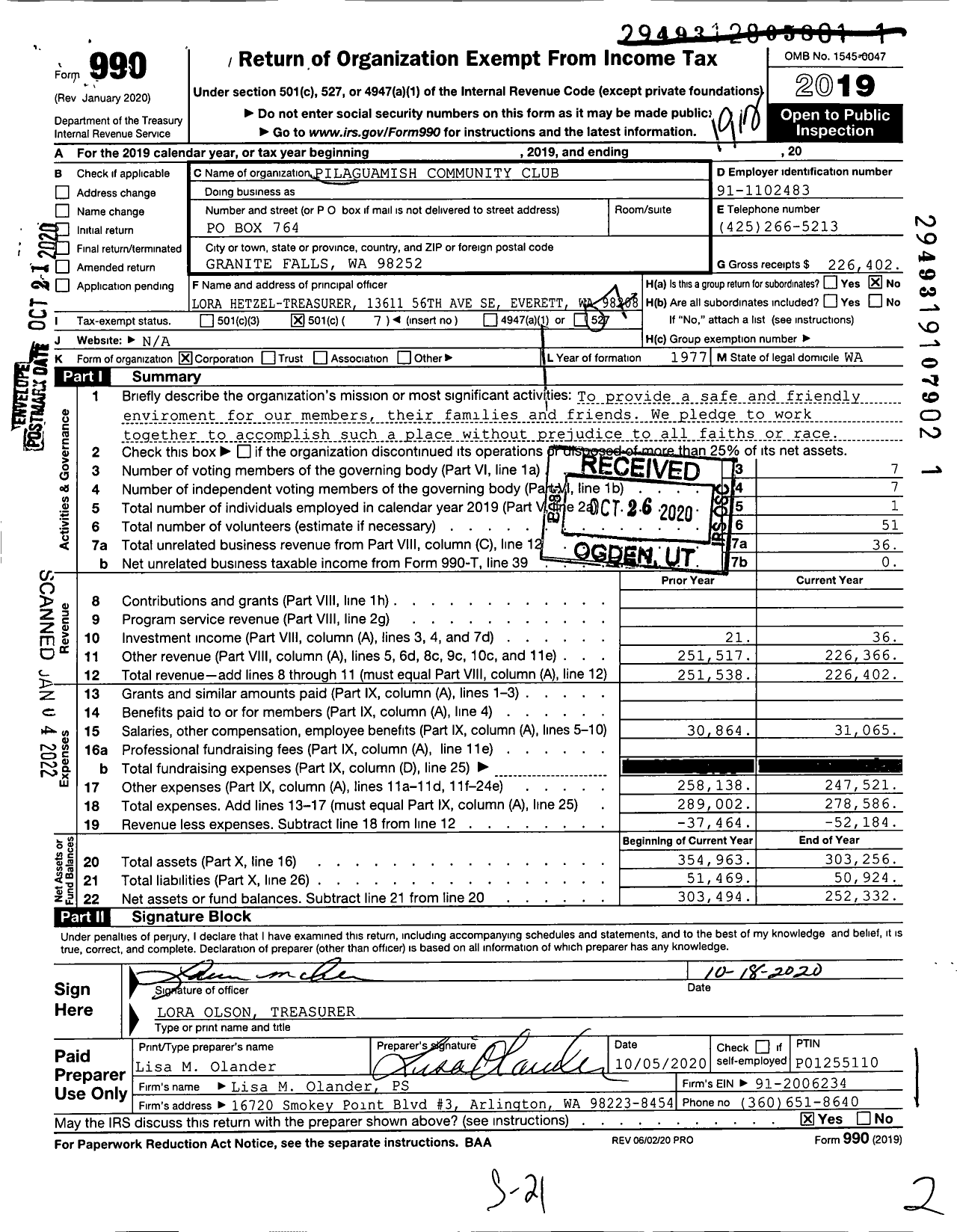 Image of first page of 2019 Form 990O for Pilaguamish Community Club