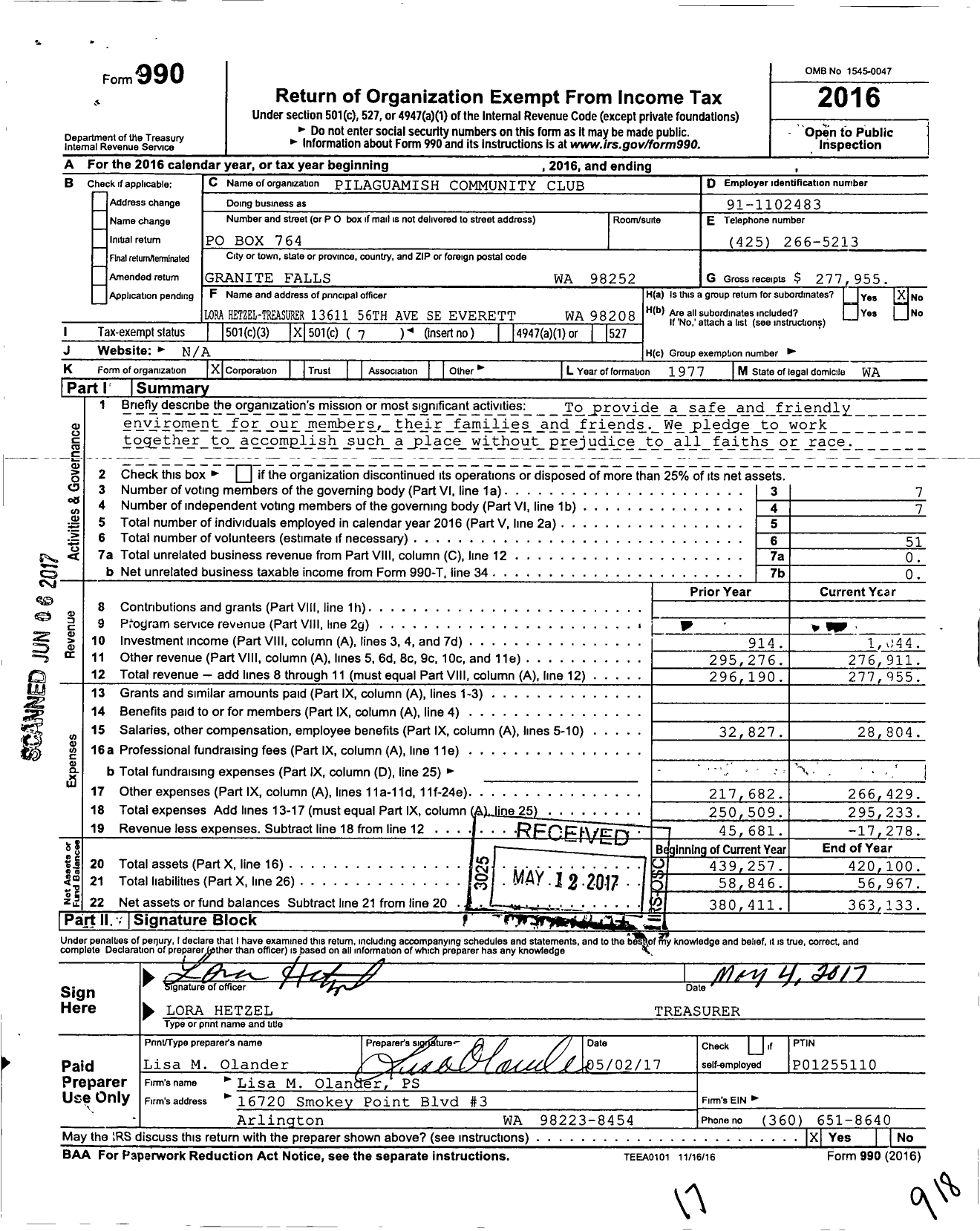 Image of first page of 2016 Form 990O for Pilaguamish Community Club