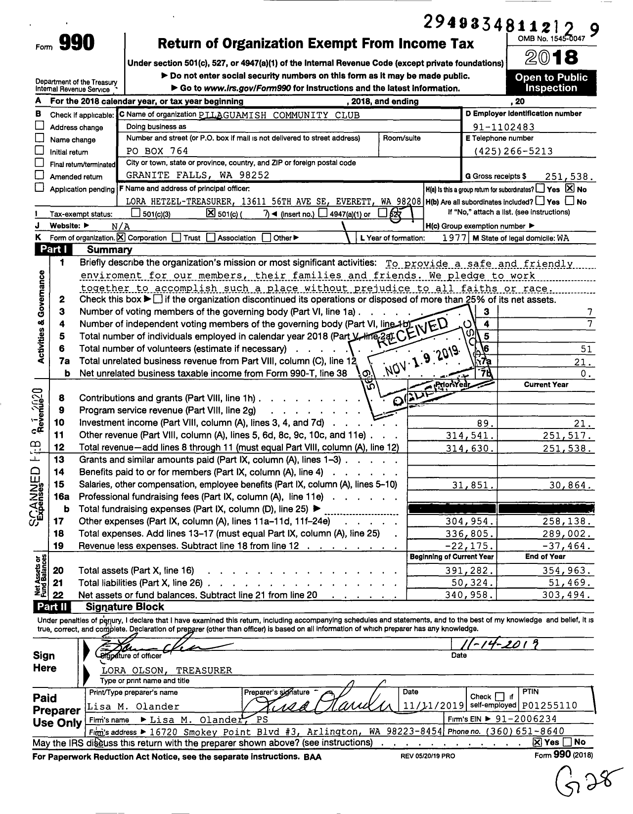 Image of first page of 2018 Form 990O for Pilaguamish Community Club