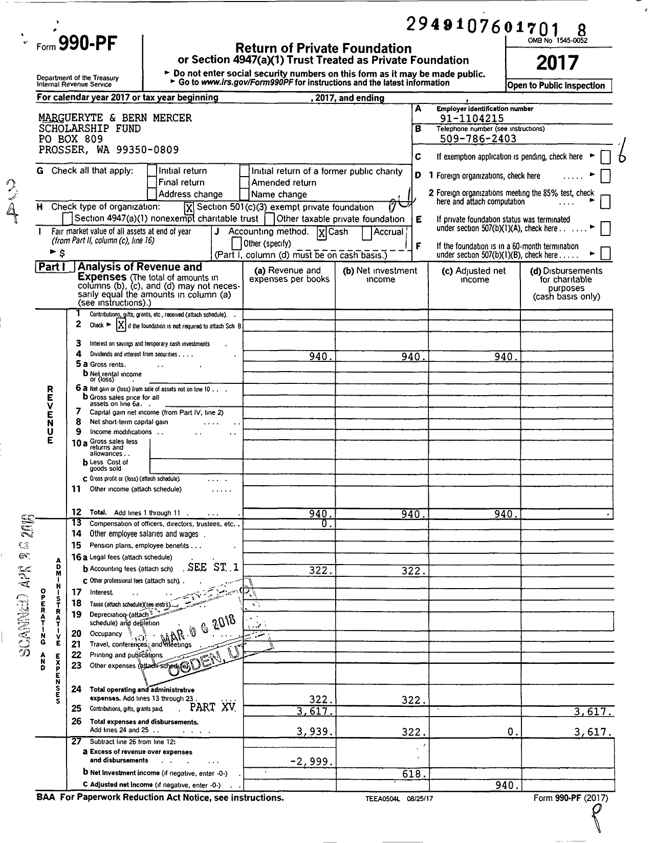 Image of first page of 2017 Form 990PF for Margueryte and Bern Mercer Scholarship Fund