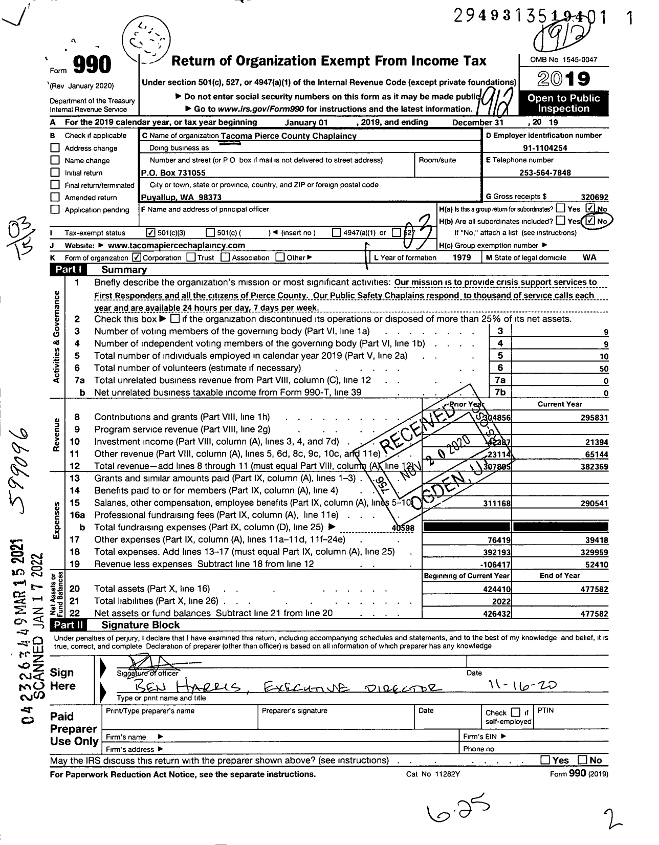 Image of first page of 2019 Form 990 for Tacoma Pierce County Chaplaincy