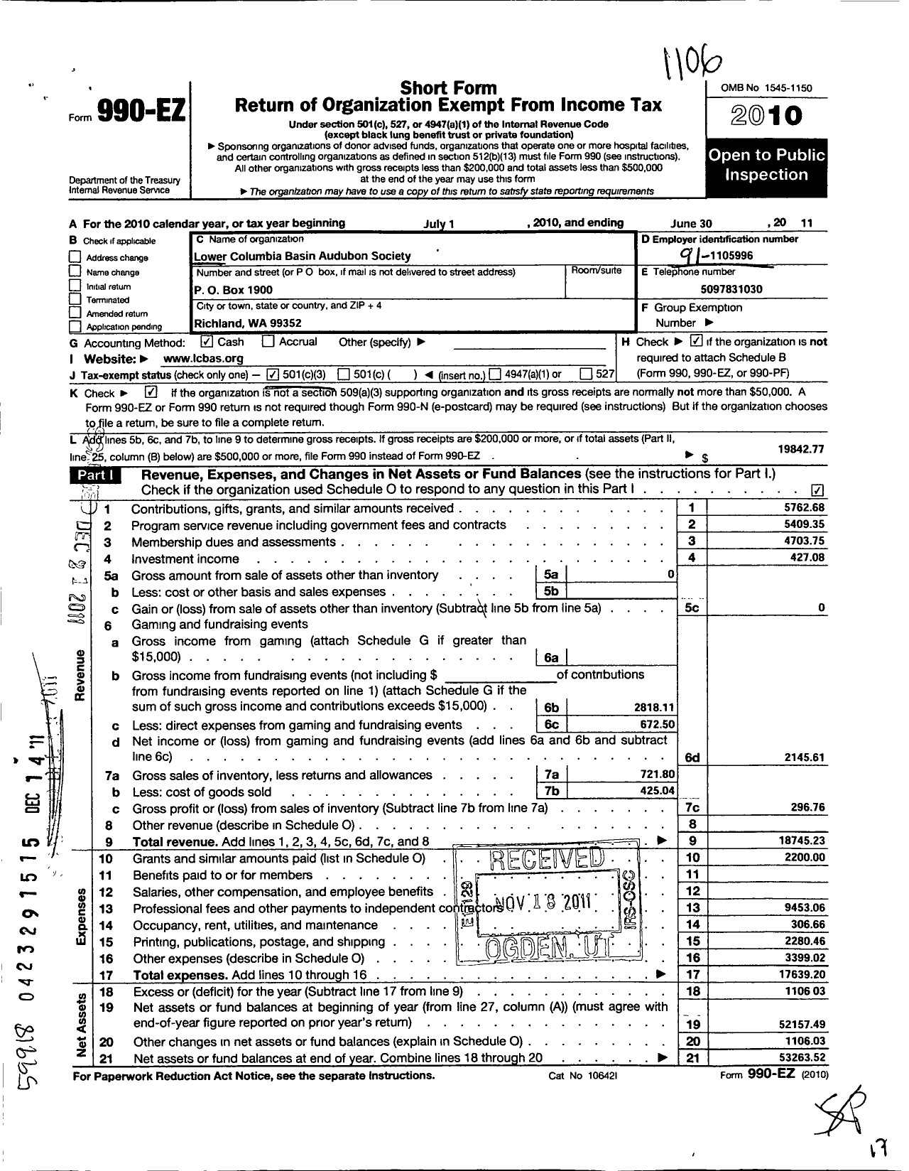 Image of first page of 2010 Form 990EZ for Lower Columbia Basin Audubon Society