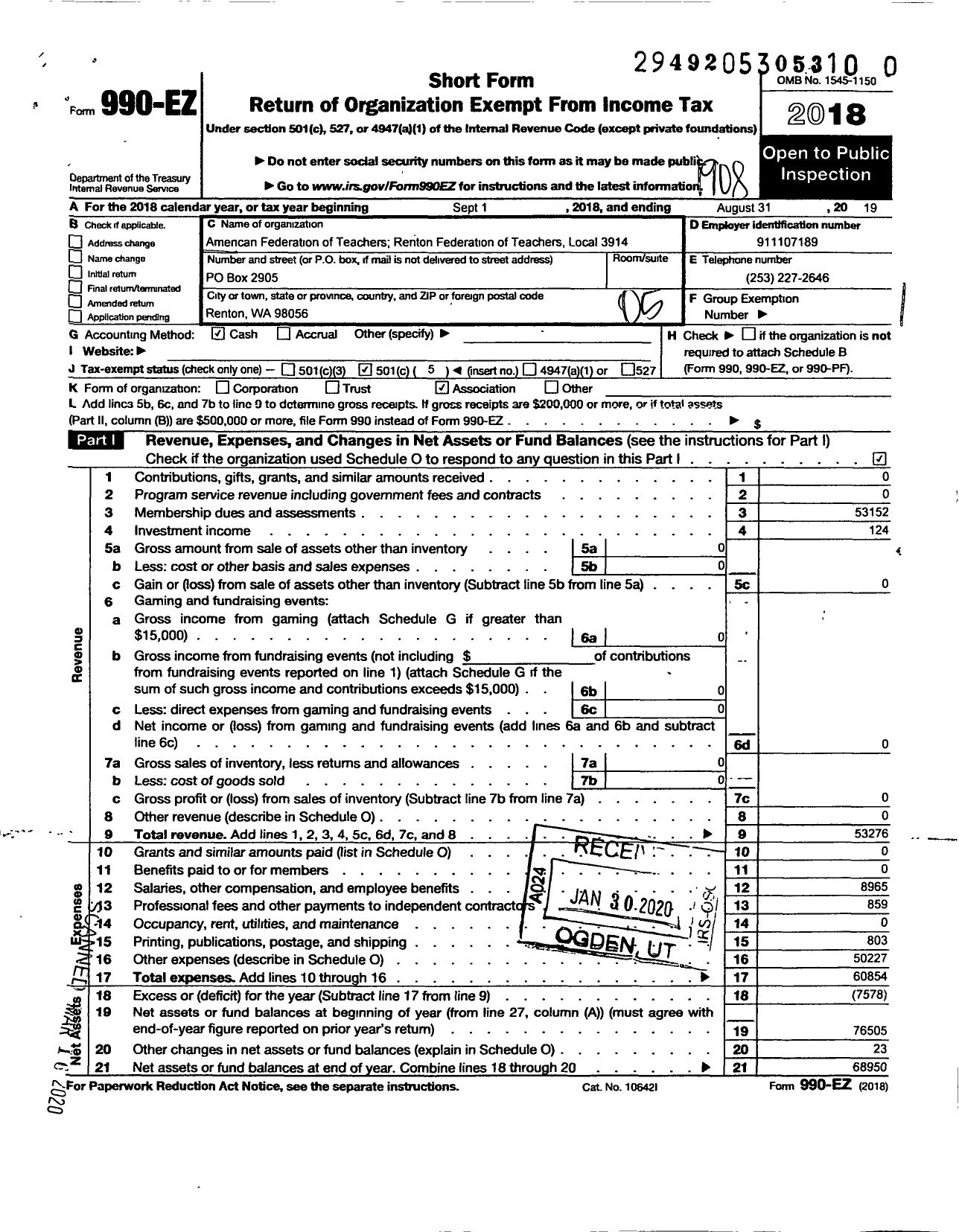 Image of first page of 2018 Form 990EO for American Federation of Teachers - 3914 Renton Vocational Teachers